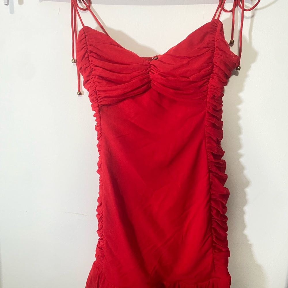 Red Ruched Spaghetti Strap Dress